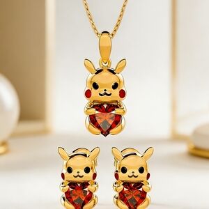Luxury 18K Gold Pikachu & Red Zircon Jewelry Set (Necklace & Earrings)